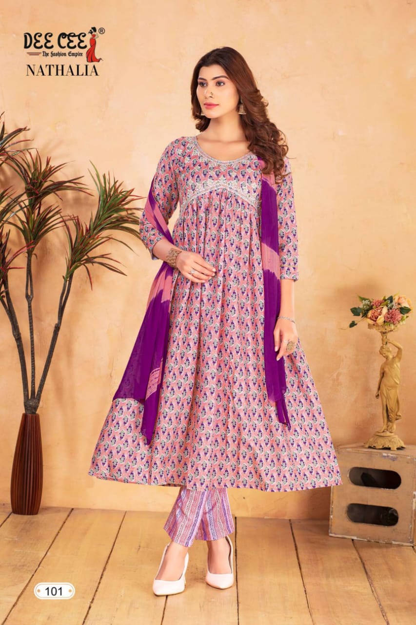 Nathalia By Dee Cee Printed Anarkali Kurti With Bottom Dupatta Exporters in India